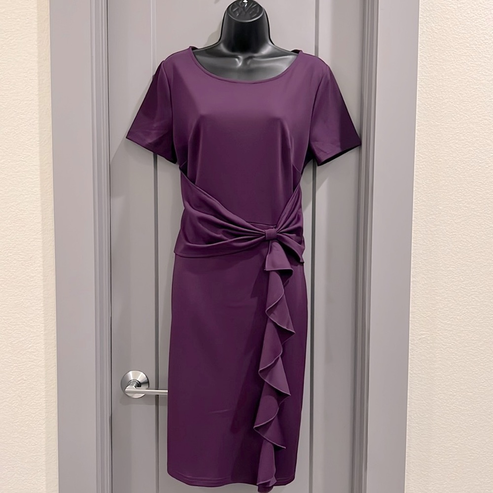 Eggplant purple knee/mid calf length short sleeve faux wrap dress